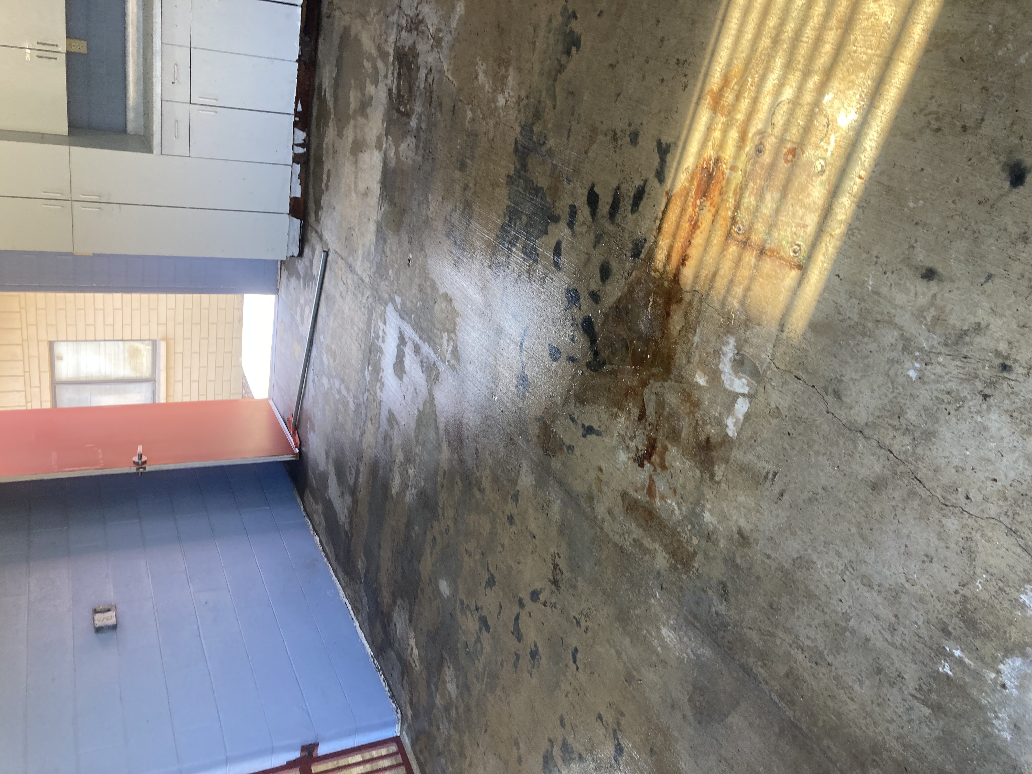 Pressure washing horse stalls using hot water and high pressure, removing rubber mats from concrete horse pens